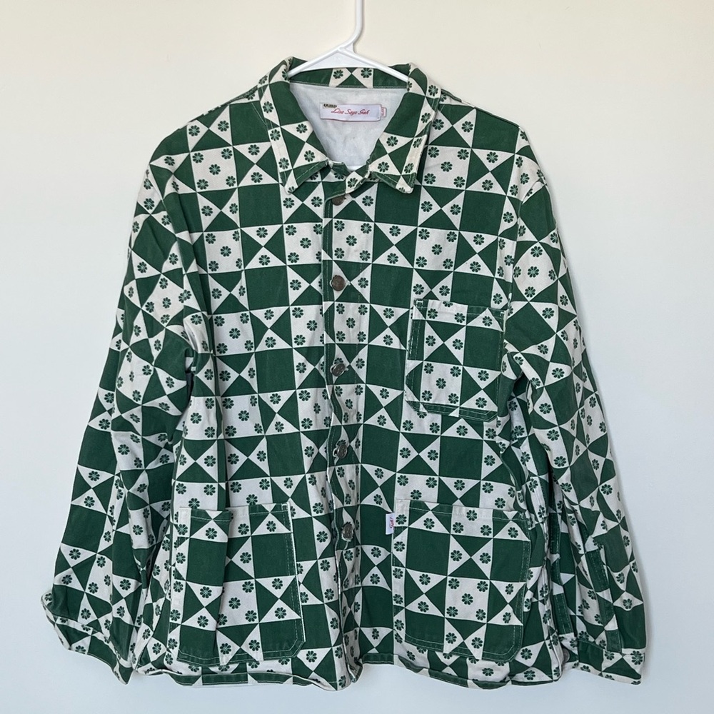 Lisa Says Gah Green and White Checker Floral Utility Jacket - Picture 2 of 5